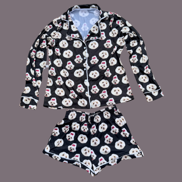 Pijama Adulto Feminino Personalizado Short e Blusa Comprida 2 Pets - Imagem 1