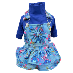 Jardineira Moletom Stitch Azul Jeans Fem